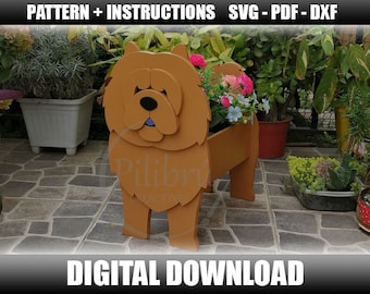 May include: A wooden planter shaped like a Chow Chow dog. The planter is brown and has a blue tongue. The planter is filled with pink and white flowers. The planter is sitting on a patio.