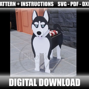 Scroll saw pattern, Siberian Husky planter, garden ornament, wooden pet, planter box, laser cut, digital file, SVG, DXF, PDF