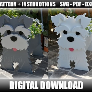 Schnauzer-Blumentopf, Holzhaustier, Schnauzer-Muster, dekorativer Übertopf, Holzpflanzer, Laserschnitt, digitale Datei, SVG, PDF, DXF