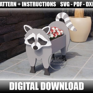 Waschbär-Pflanzgefäß, Dekupiersägenmuster, Diy, Gartenverzierung, Waschbär, Pflanzkasten, Laserschnitt, digitale Datei, SVG, DXF, PDF
