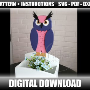 Scroll Saw Pattern wooden owl planter, laser cut, wooden bird, digital file, SVG, DXF, PDF