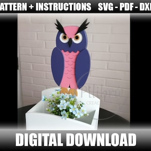 Scroll Saw Pattern wooden owl planter, laser cut, wooden bird, digital file, SVG, DXF, PDF