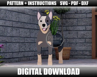 Plantador Australian Cattle Dog, Jig saw pattern, adorno de jardín, mascota de madera, planter box, archivo digital, SVG, DXF, PDF