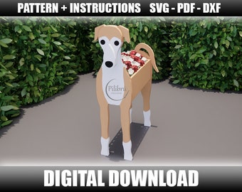May include: A digital download pattern for a wooden planter shaped like a dog. The dog is brown and white with a planter box on its back. The planter box is filled with red and white flowers.