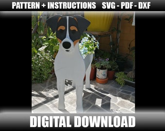 May include: A white, black, and brown wooden dog planter with a flower pot in its back. The dog planter is standing on a tiled patio. The text "PATTERN + INSTRUCTIONS SVG - PDF - DXF" is at the top of the image. The text "DIGITAL DOWNLOAD" is at the bottom of the image.