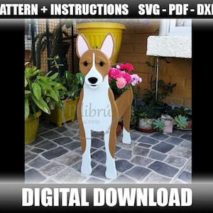 Dekupiersägenmuster, Basenji-Pflanzgefäß, Gartenornament, Holzhaustier, Pflanzkasten, Laserschnitt, digitale Datei, SVG, DXF, PDF