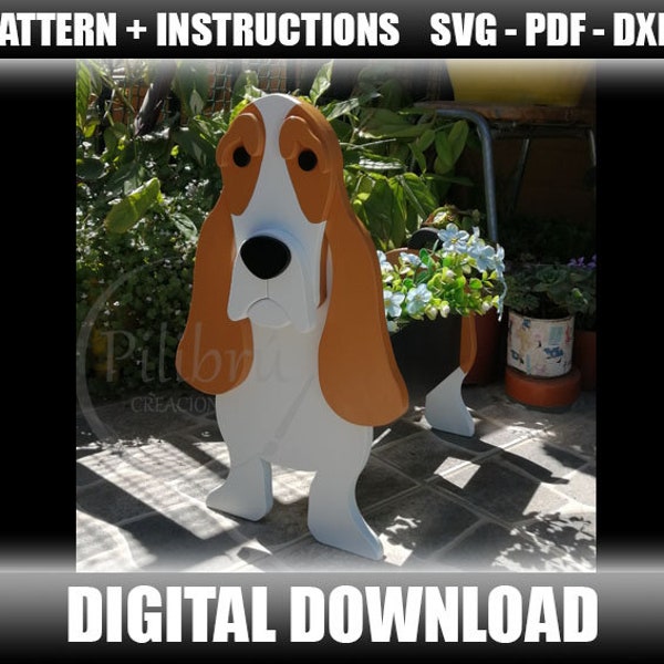 Basset Hound Scroll Saw Pattern, Decorative Dog, Wood Planter, Wood Animal, Digital File, SVG, PDF, DXF