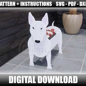 Bullterrier-Pflanzmuster, Gartenornament, Holzhaustier, Dekupiersägenmuster, Laserschnitt, digitale Datei, SVG, DXF, PDF