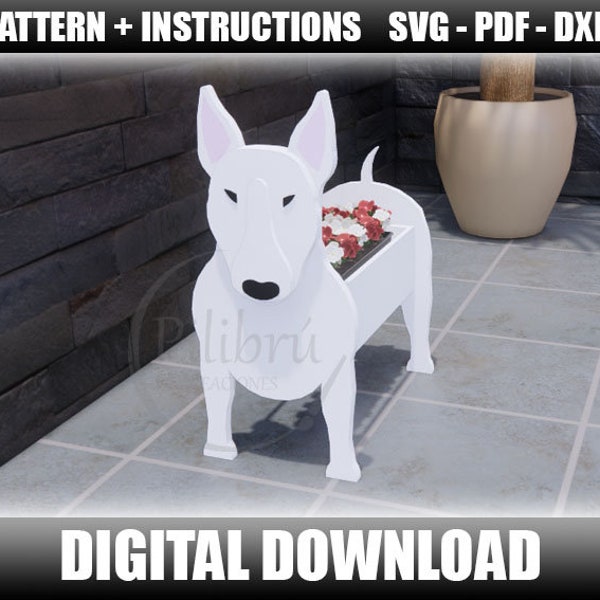 Modèle de jardinière Bull Terrier, ornement de jardin, animal de compagnie en bois, modèle de scie à chantourner, découpe laser, fichier numérique, SVG, DXF, PDF