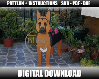 Patrón, Plantador Pastor Alemán, Plantador de Madera, macetero de animales, mascota de madera, corte láser, archivo digital, SVG, DXF, PDF