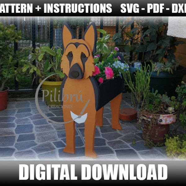 Pattern, German Shepherd Planter, Wood Planter, animal planter, wooden pet, laser cut, digital file, SVG, DXF, PDF