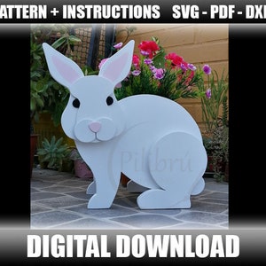 Kaninchen-Pflanzermuster, Gartenverzierung, Holzkaninchen, Dekupiersägenmuster, Laserschnitt, digitale Datei, SVG, DXF, PDF