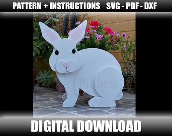 Modello di fioriera di coniglio, ornamento da giardino, coniglio di legno, modello di sega a scorrimento, taglio laser, File digitale, SVG, DXF, PDF