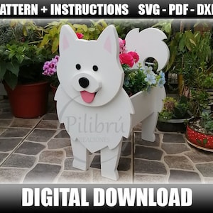 Dekupiersägenmuster, Samojeden-Pflanzgefäß, Gartenornament, Holzmaskottchen, Laserschnitt, digitale Datei, SVG, DXF, PDF