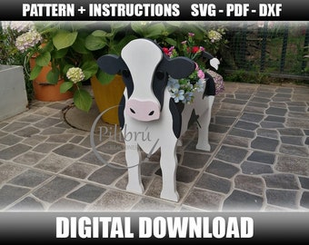 Scroll saw pattern, Plantador Vaca, animal de granja, adorno de jardín, planter box,  corte laser, archivo digital, SVG, DXF, PDF