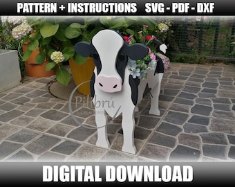 Figuurzaagpatroon, koeplanter, boerderijdier, tuinornament, plantenbak, lasergesneden, digitaal bestand, SVG, DXF, PDF