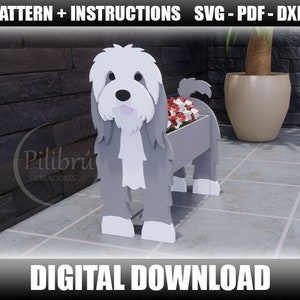 Bearded Collie-Pflanzgefäß, Dekupiersägenmuster, Gartenverzierung, Holzhaustier, Pflanzkasten, Laserschnitt, digitale Datei, SVG, DXF, PDF