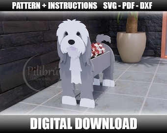 May include: A digital download pattern for a gray and white dog-shaped planter with a flower pot on its back. The planter is standing on a gray tiled floor. The text "DIGITAL DOWNLOAD" is at the bottom of the image.