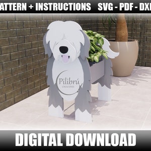 Plantador perro Pastor inglés, Scroll saw pattern, adorno de jardín, mascota de madera, planter box, archivo digital, SVG, DXF, PDF