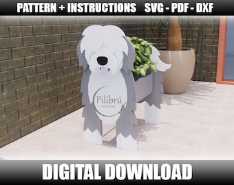 Plantador perro Pastor inglés, Scroll saw pattern, adorno de jardín, mascota de madera, planter box, archivo digital, SVG, DXF, PDF