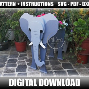 Elephant planter, Scroll saw pattern, Diy, garden ornament, elephant ornament, planter box, jig saw, digital file, SVG, DXF, PDF