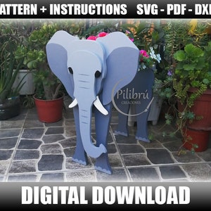 Elefantenpflanzer, Dekupiersägenmuster, Diy, Gartenornament, Elefantenornament, Pflanzkasten, Stichsäge, digitale Datei, SVG, DXF, PDF