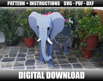 Elephant planter, Scroll saw pattern, Diy, garden ornament, elephant ornament, planter box, jig saw, digital file, SVG, DXF, PDF