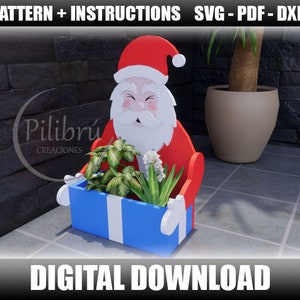 Dekupiersäge Muster, Weihnachtsmann Pflanzer, Weihnachtsschmuck, Gartenschmuck, Pflanzkasten, Laserschnitt, digitale Datei, SVG, DXF, PDF