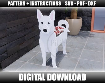 May include: White wooden dog planter with a flower pot in the back. The planter is shaped like a dog standing on all four legs. The flower pot is filled with red and white flowers. The planter is on a grey tiled floor. DIGITAL DOWNLOAD text is at the bottom of the image.