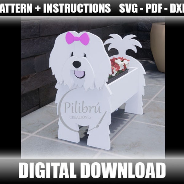 Coton de Tulear planter, Scroll saw pattern, garden ornament, wooden pet, planter box, laser cut, digital file, SVG, DXF, PDF