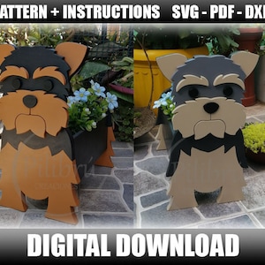 Hölzernes Haustier, Yorkshire-Pflanzer, dekorativer Übertopf, hölzerner Übertopf, Muster, Laserschnitt, digitale Datei, SVG, PDF, DXF