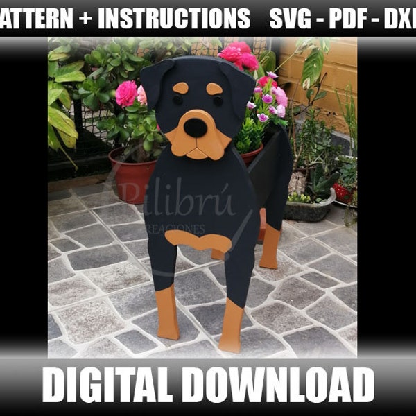 Plantador Rottweiler, Patrón de corte, Planter box, macetero de animales, Plantador de Madera, corte láser, archivo digital, SVG, PDF, DXF