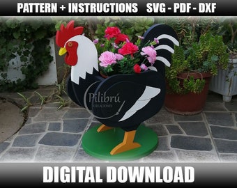 Rooster planter, Scroll saw pattern, Diy, garden ornament, rooster, planter box, jig saw, digital file, SVG, DXF, PDF