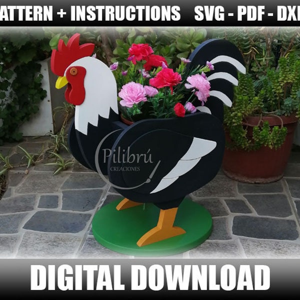 Hahn-Pflanzgefäß, Dekupiersägenmuster, Diy, Gartenornament, Hahn, Pflanzkasten, Stichsäge, digitale Datei, SVG, DXF, PDF