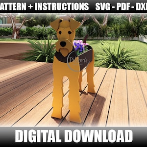 Airedale-Terrier-Pflanzgefäß, Dekupiersägenmuster, Gartenverzierung, Holzhaustier, Pflanzkasten, digitale Datei, SVG, DXF, PDF