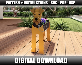 May include: A digital download pattern for a wooden planter shaped like a brown and yellow Airedale Terrier dog. The dog is standing on a wooden deck with a flower pot in its mouth. The pattern includes instructions for building the planter.