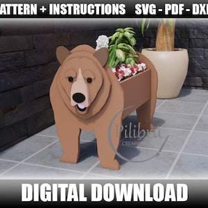 Grizzly Bear planter, Scroll saw pattern, garden ornament, wooden bear, planter box, laser cut, digital file, SVG, DXF, PDF