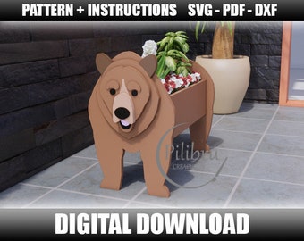 May include: A brown bear-shaped planter with a flower pot on its back. The planter is made of wood and has a rustic look. The planter is sitting on a tiled floor. The image includes the text "DIGITAL DOWNLOAD".