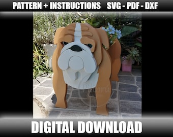 Muster, Holzpflanzer, Englische Bulldogge, Laserschnitt, digitale Datei, Tierpflanzer aus Holz, SVG, PDF, DXF