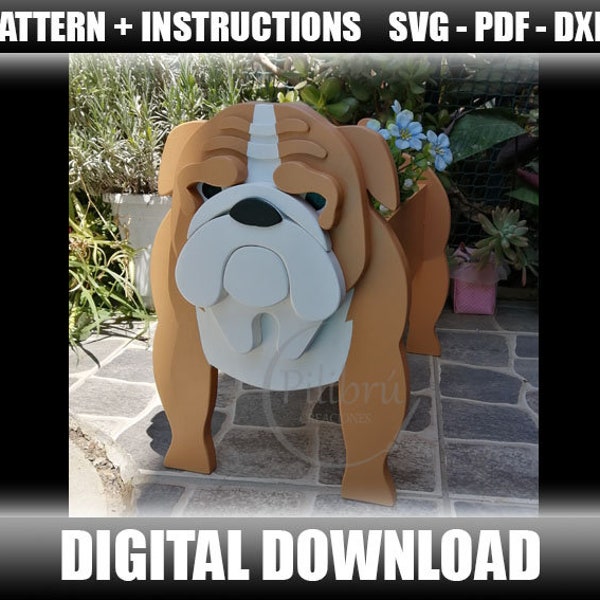 Pattern, Wooden Planter, English Bulldog, laser cut, Digital file, Wooden animal planter, SVG, PDF, DXF