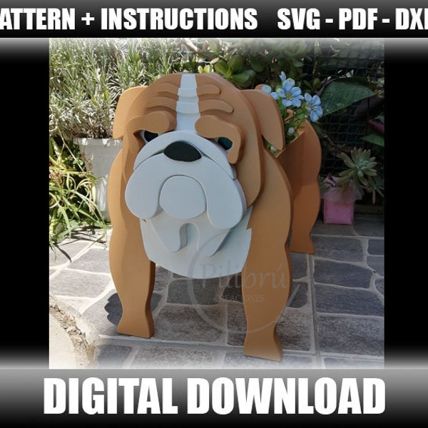 Modèle, Jardinière en bois, Bouledogue anglais, découpé au laser, Fichier numérique, Jardinière en bois pour animaux, SVG, PDF, DXF