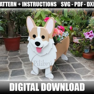 Corgis-Pflanzer, Dekupiersägenmuster, Gartenornament, Haustier aus Holz, Pflanzkasten, Laserschnitt, digitale Datei, SVG, DXF, PDF