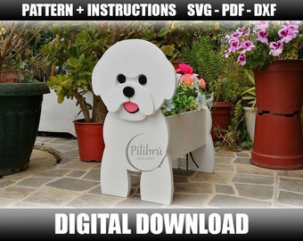 Bichon Frize planter, Scroll saw pattern, garden ornament, wooden pet, planter box, laser cut, digital file, SVG, DXF, PDF