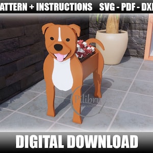 Staffordshire Bull Terrier Pflanzer, Dekupiersäge Muster, Gartenverzierung, Holzhaustier, Pflanzkasten, digitale Datei, SVG, DXF, PDF