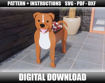 Plantador Staffordshire Bull Terrier, Scroll saw pattern, adorno de jardín, mascota de madera, planter box,  archivo digital, SVG, DXF, PDF