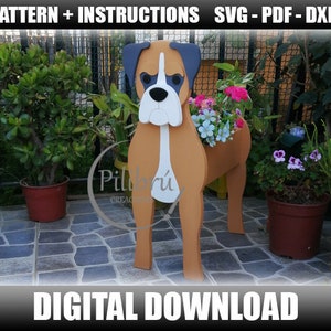 Boxer-Pflanzgefäß, Dekupiersägenmuster, Gartenornament, Holzhaustier, Pflanzkasten, Laserschnitt, digitale Datei, SVG, DXF, PDF