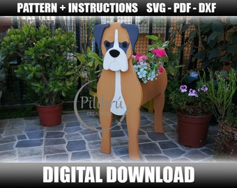 Boxer planter, scroll saw pattern, garden ornament, wooden pet, planter box, laser cut, digital file, SVG, DXF, PDF