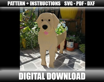 Patrón, Mascota de Madera, plantador Golden Retriever, Jardinera Decorativa, Maceta animal, archivo digital, SVG, PDF, DXF