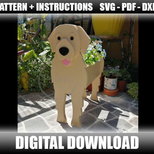 Patrón, Mascota de Madera, plantador Golden Retriever, Jardinera Decorativa, Maceta animal, archivo digital, SVG, PDF, DXF