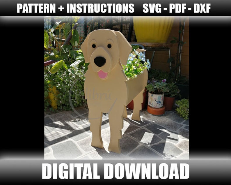 Pattern, Wooden Pet, Golden Retriever planter, Decorative Planter, Animal flower pot, digital file, SVG, PDF, DXF image 1